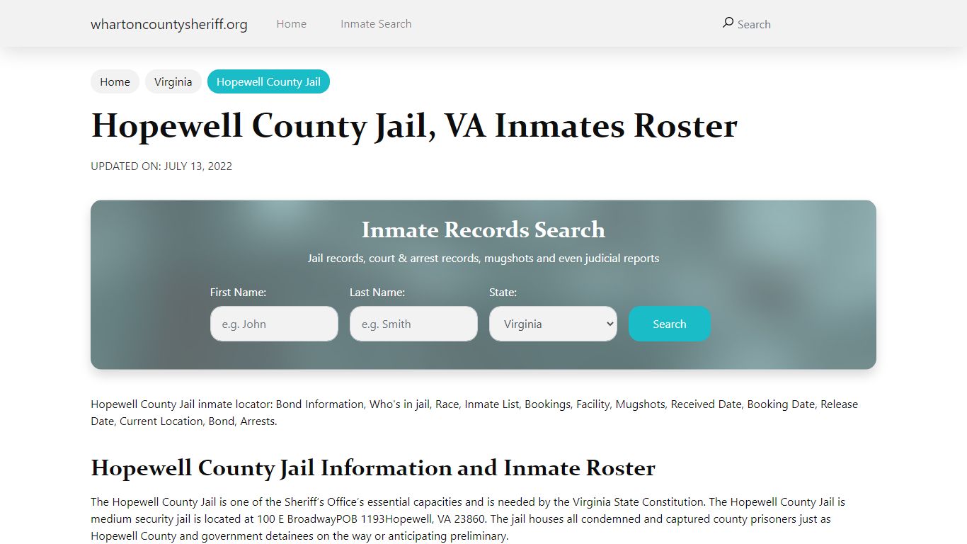 Hopewell County Jail, VA Jail Roster, Name Search - Wharton County Sheriff