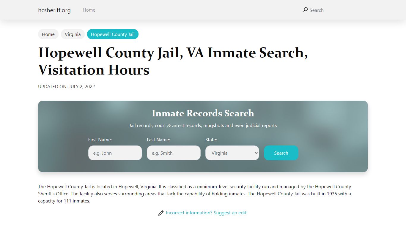 Hopewell County Jail , VA Inmate Search, Visitation Hours